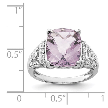 Sterling Silver Rhodium Diamond & Checker Cut Pink Quartz Ring