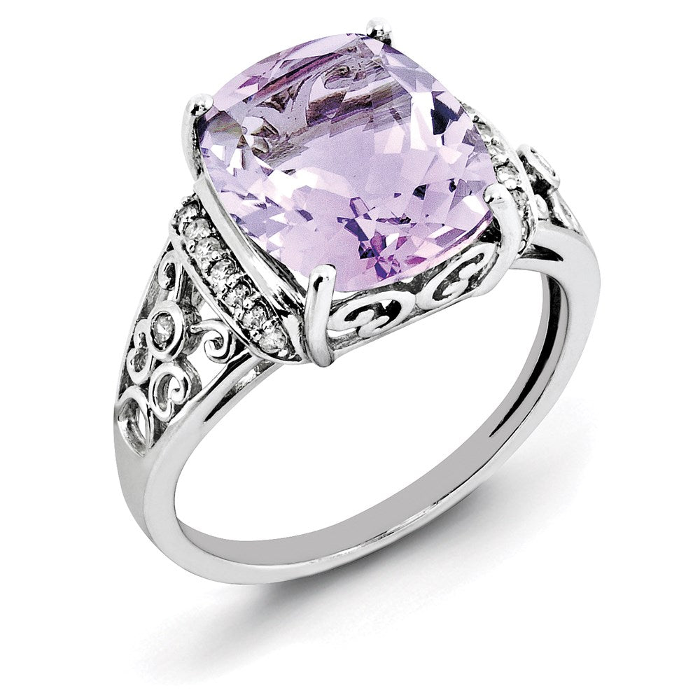 Sterling Silver Rhodium Diamond & Checker Cut Pink Quartz Ring