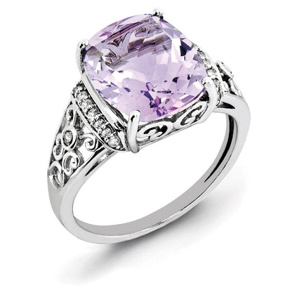 Sterling Silver Rhodium Diamond & Checker Cut Pink Quartz Ring