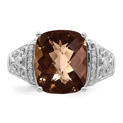 Sterling Silver Rhodium Diamond & Checker Cut Smoky Quartz Ring