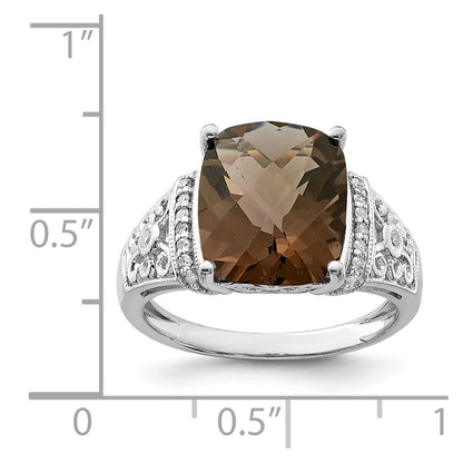 Sterling Silver Rhodium Diamond & Checker Cut Smoky Quartz Ring