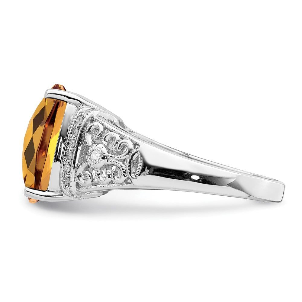 Sterling Silver Rhodium Diamond & Checker Cut Whiskey Quartz Ring