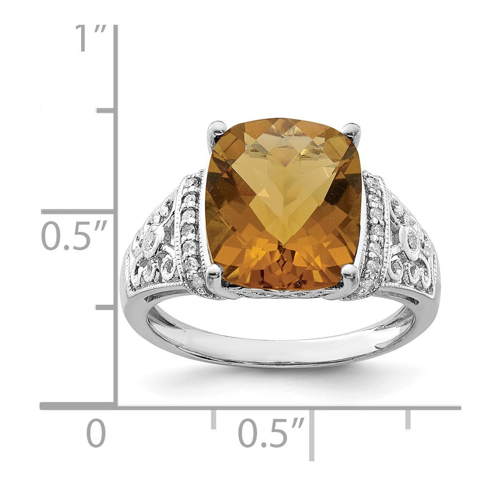 Sterling Silver Rhodium Diamond & Checker Cut Whiskey Quartz Ring