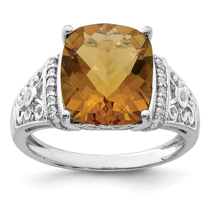 Sterling Silver Rhodium Diamond & Checker Cut Whiskey Quartz Ring