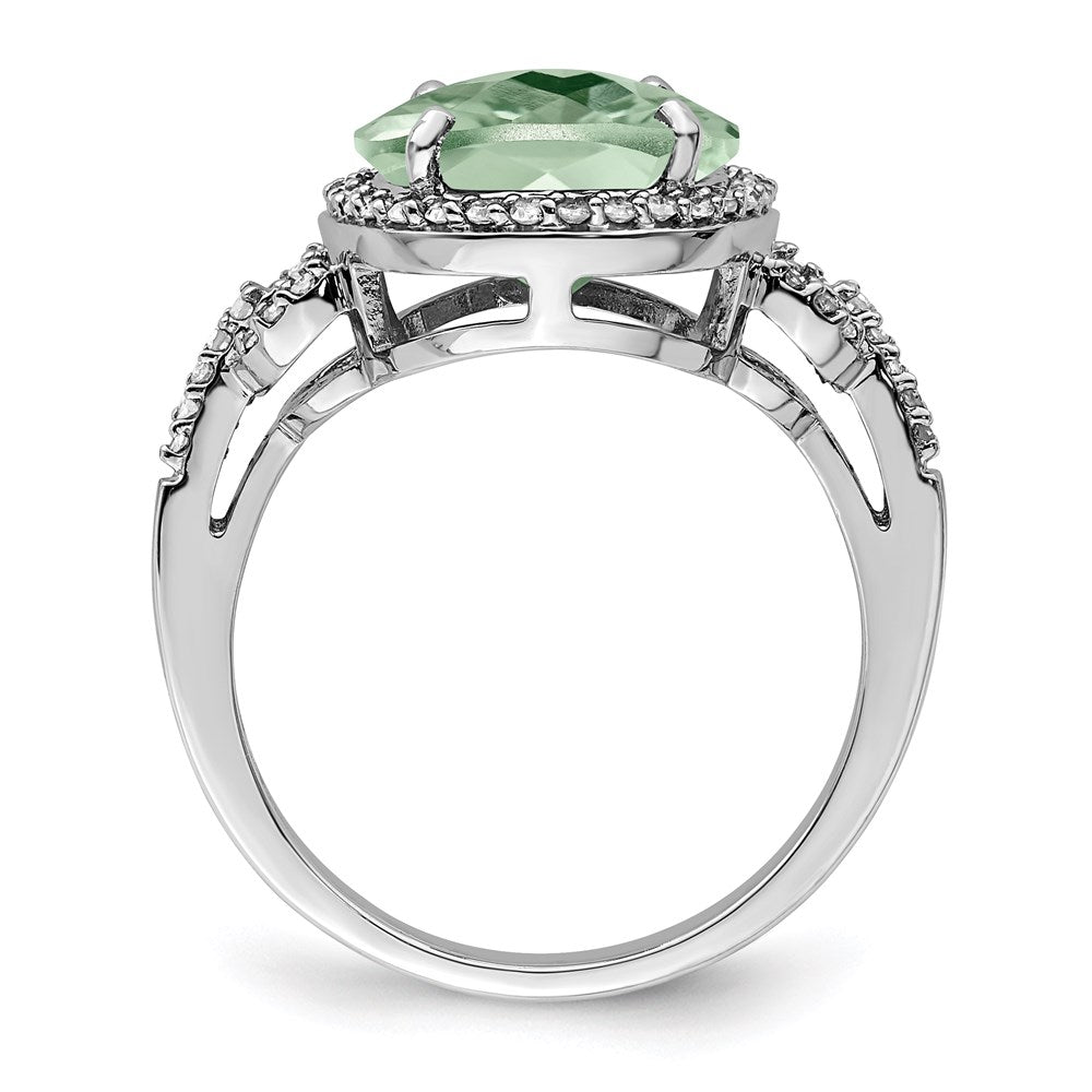 Sterling Silver Rhodium Oval Diamond & Checker Cut Green Quartz Ring (Size 7 Only)