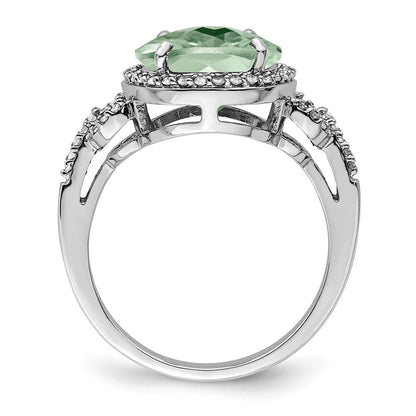 Sterling Silver Rhodium Oval Diamond & Checker Cut Green Quartz Ring (Size 7 Only)