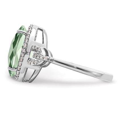 Sterling Silver Rhodium Oval Diamond & Checker Cut Green Quartz Ring (Size 7 Only)