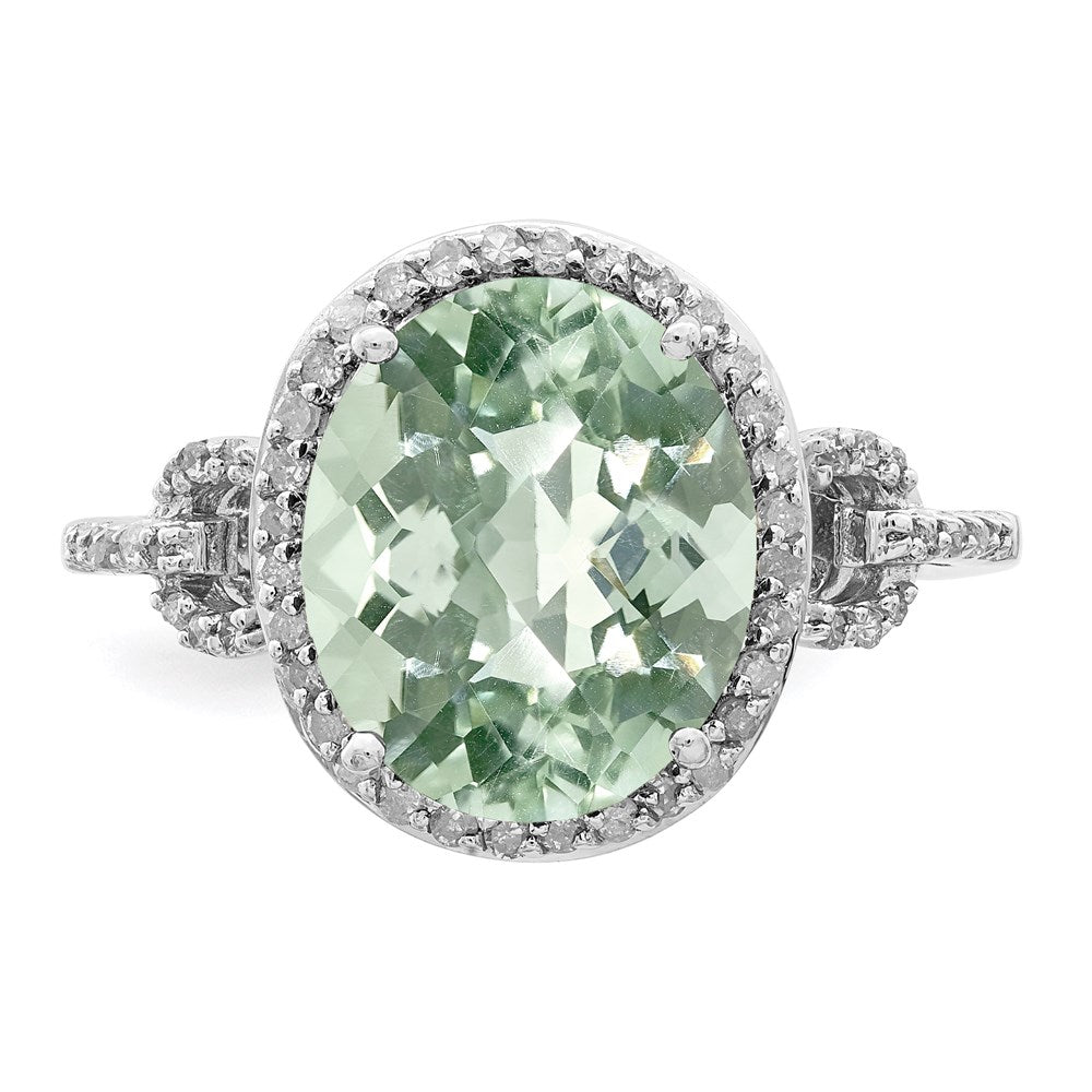Sterling Silver Rhodium Oval Diamond & Checker Cut Green Quartz Ring (Size 7 Only)