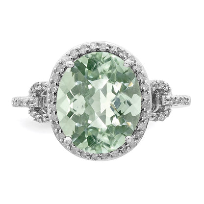 Sterling Silver Rhodium Oval Diamond & Checker Cut Green Quartz Ring (Size 7 Only)