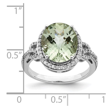 Sterling Silver Rhodium Oval Diamond & Checker Cut Green Quartz Ring (Size 7 Only)