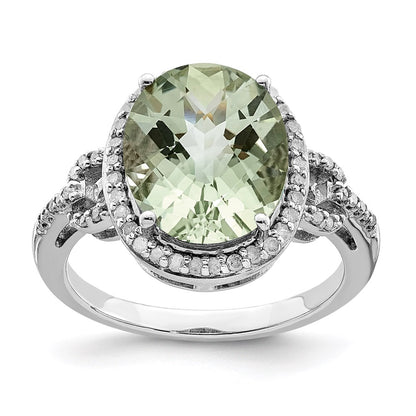 Sterling Silver Rhodium Oval Diamond & Checker Cut Green Quartz Ring (Size 7 Only)