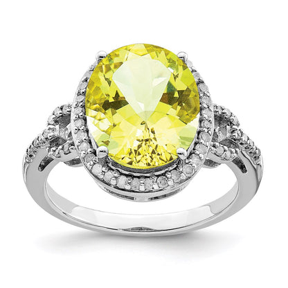 Sterling Silver Rhodium Oval Diamond & Checker Cut Lemon Quartz Ring (Size 7 Only)
