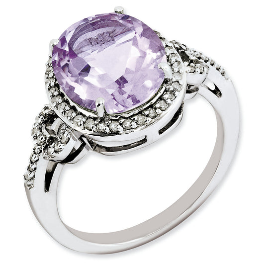 Sterling Silver Rh Plated Oval Diamond & Checker Cut Pink Quartz Ring (Size 7 Only)