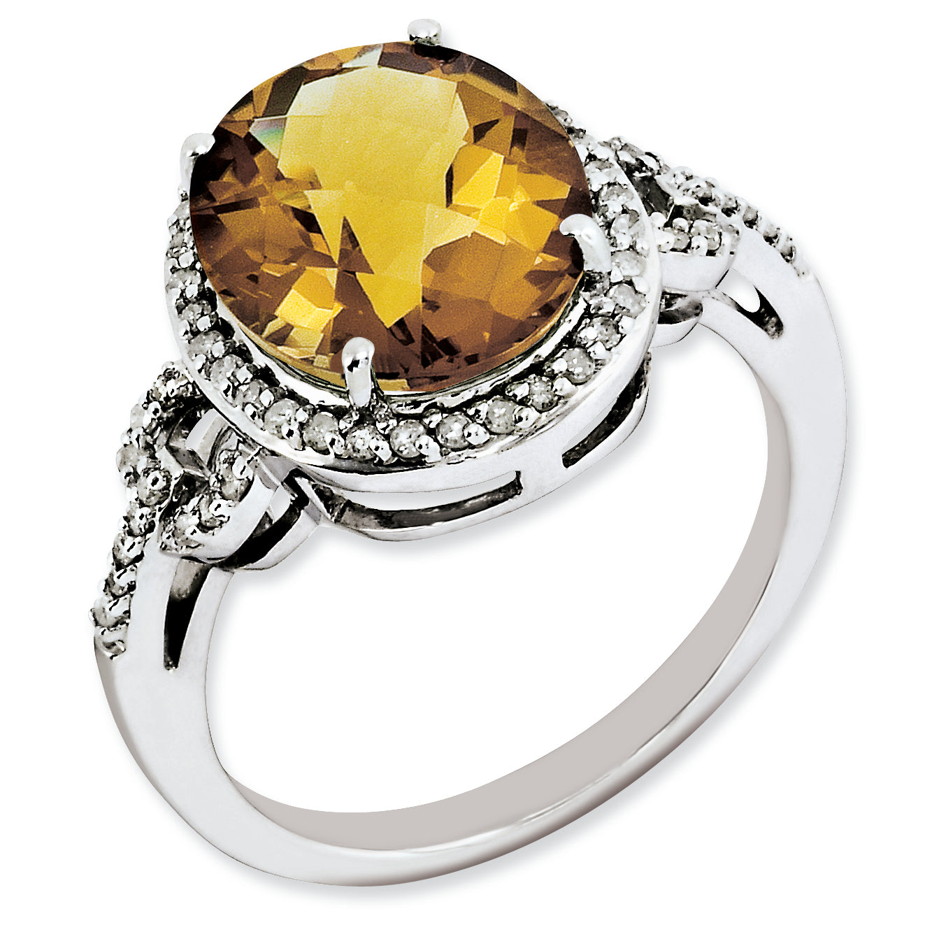 Sterling Silver Rh Plated Oval Diamond & Checker Cut Whiskey Quartz Ring (Size 7 Only)