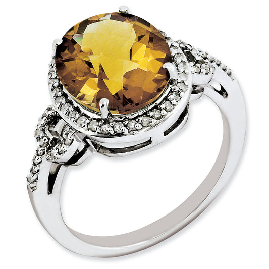 Sterling Silver Rh Plated Oval Diamond & Checker Cut Whiskey Quartz Ring (Size 7 Only)