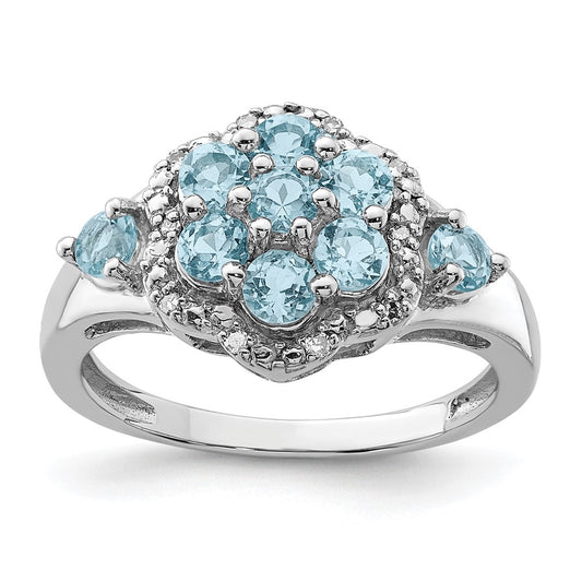 Sterling Silver Rhodium Diamond & Light Swiss Blue Topaz Ring