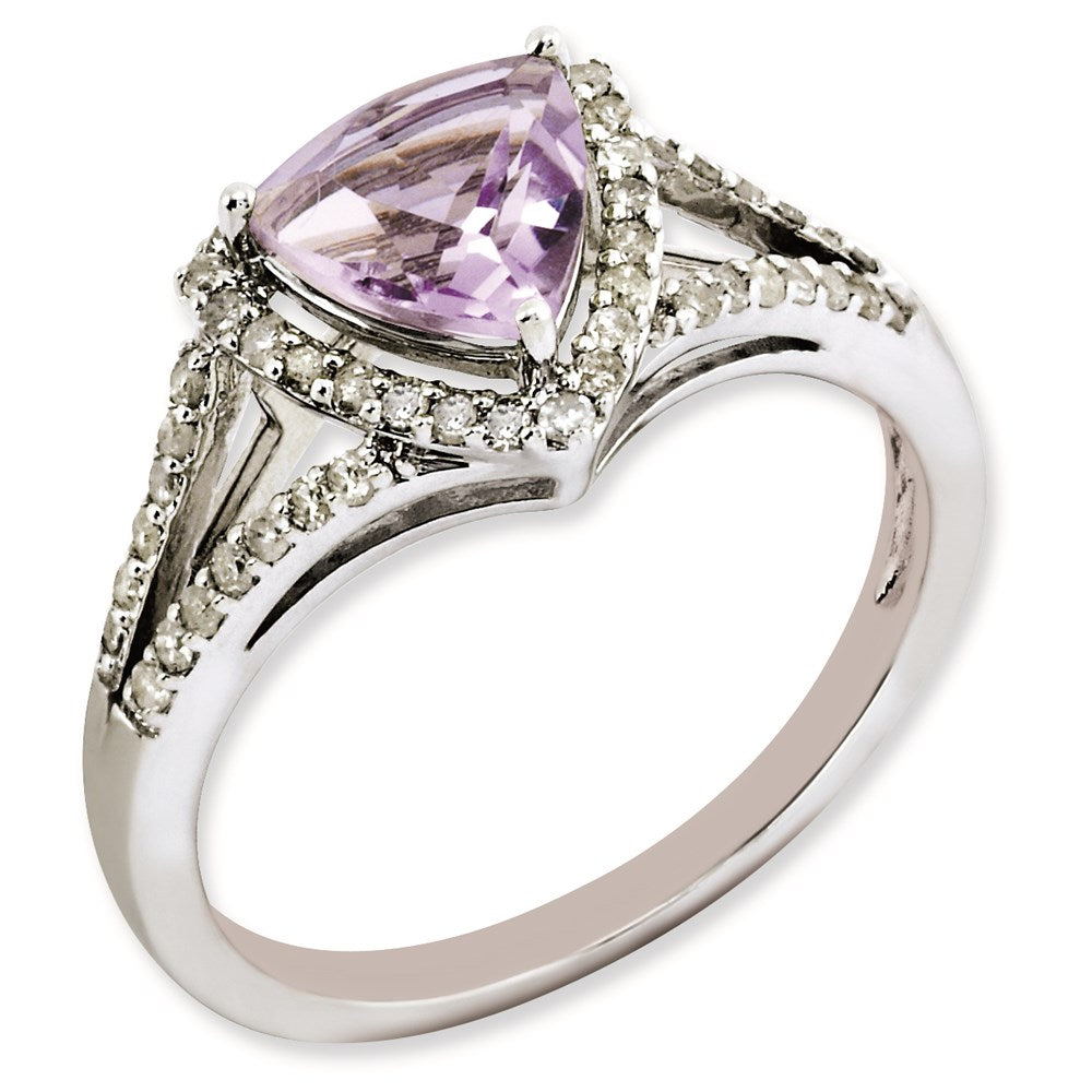 Sterling Silver Rhodium Plated Diamond & Pink Quartz Ring
