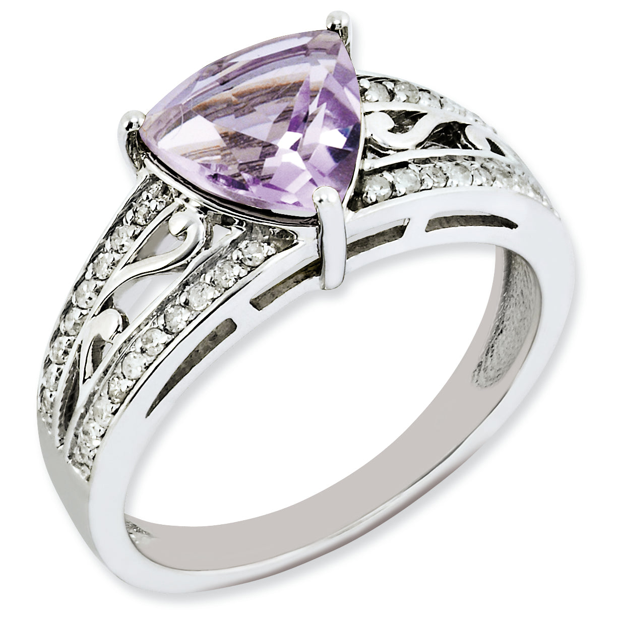 Sterling Silver Rhodium Plated Diamond & Pink Quartz Ring (Size 7 Only)