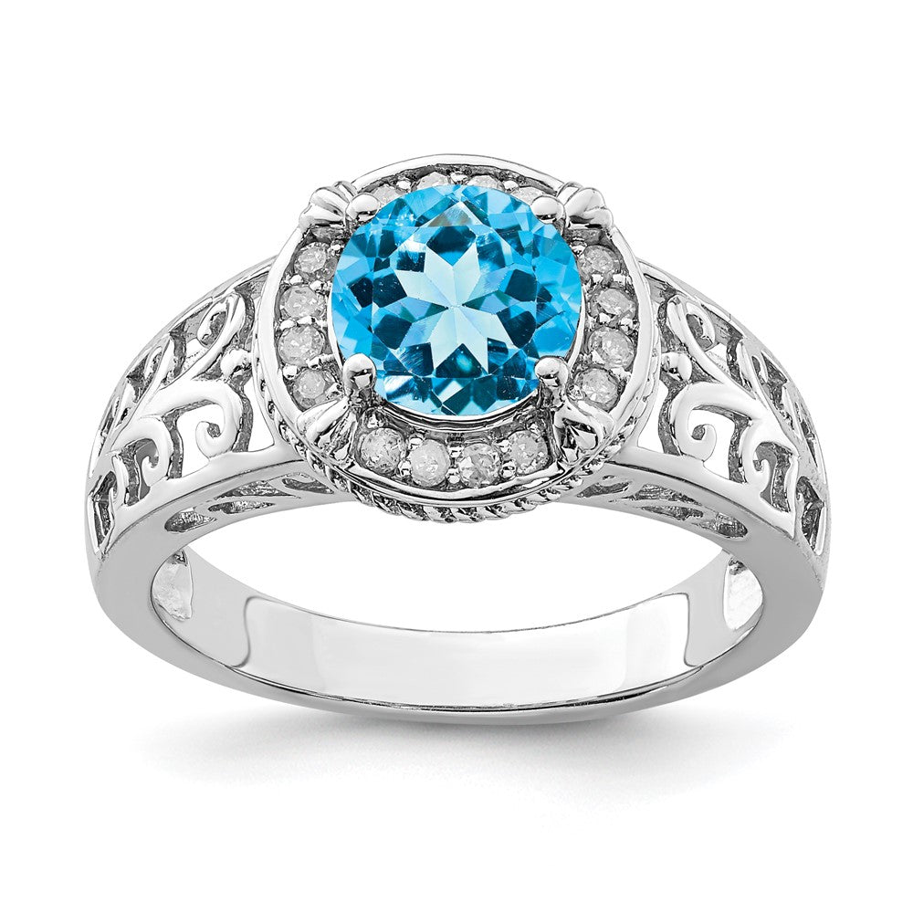 Sterling Silver Rhodium Blue Topaz & Diamond Ring (Size 7 Only)