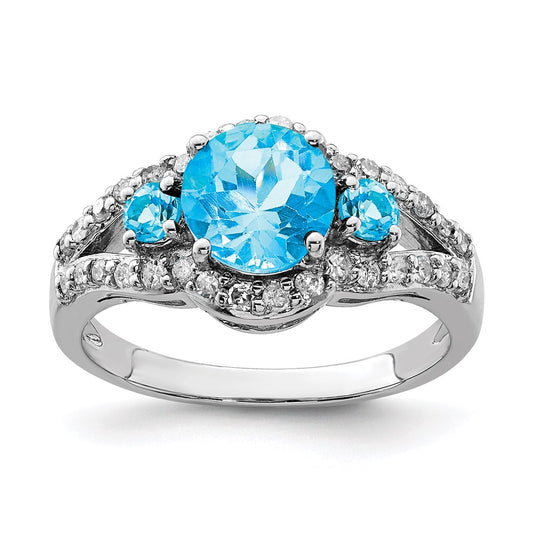 Sterling Silver Rhodium Blue Topaz & Diamond Ring (Size 7 Only)