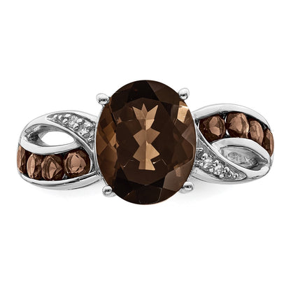 Sterling Silver Rhodium Diamond & Smoky Quartz Ring
