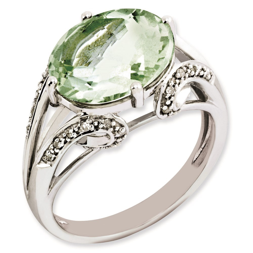 Sterling Silver Rhodium Plated Oval Diamond & Green Quartz Ring (Size 7 Only)