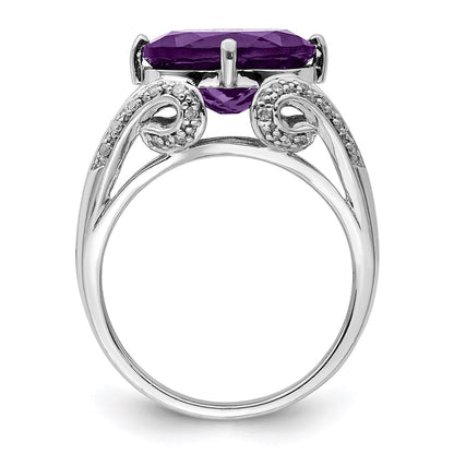 Sterling Silver Rhodium Plated Oval Amethyst & Diamond Ring (Size 7 Only)
