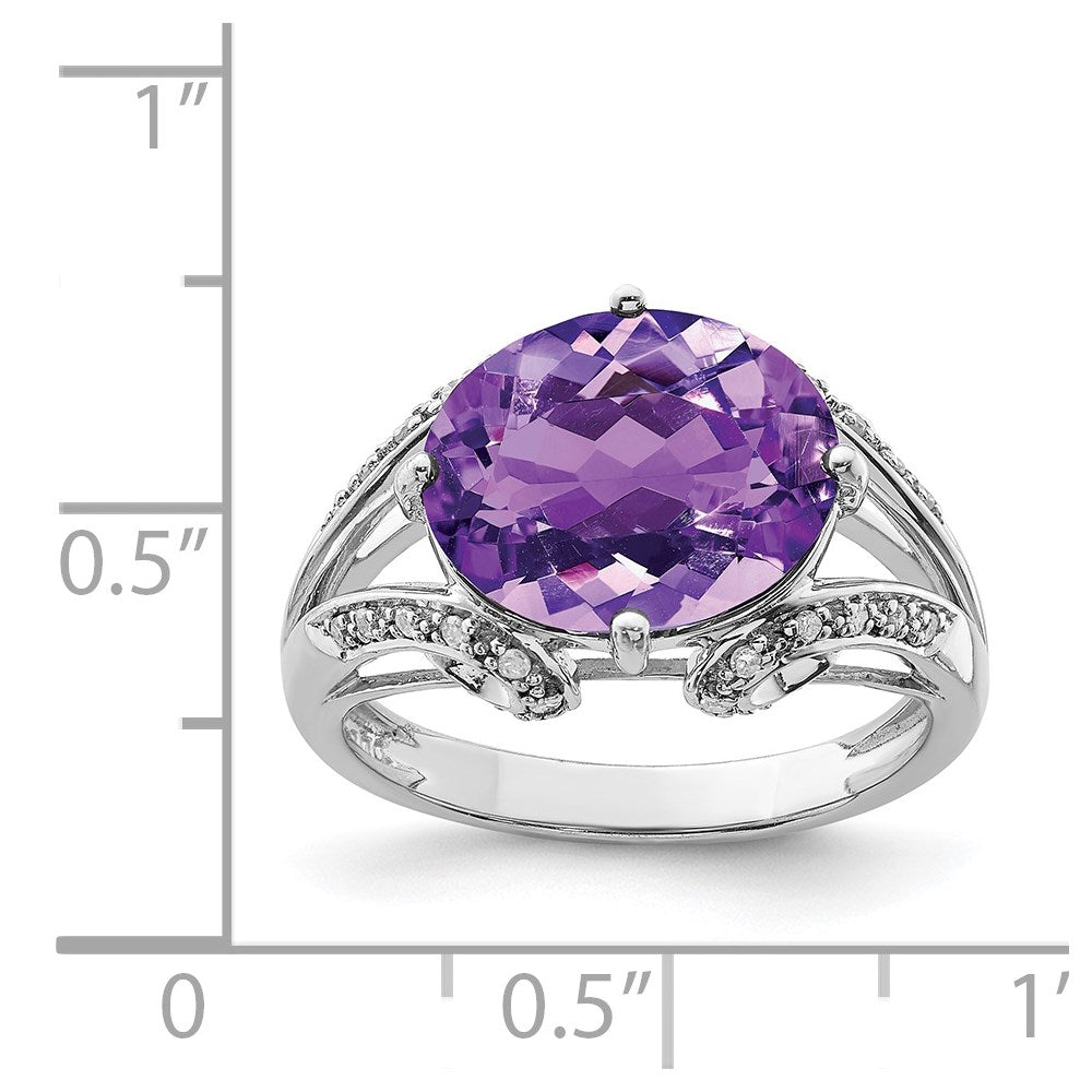 Sterling Silver Rhodium Plated Oval Amethyst & Diamond Ring (Size 7 Only)