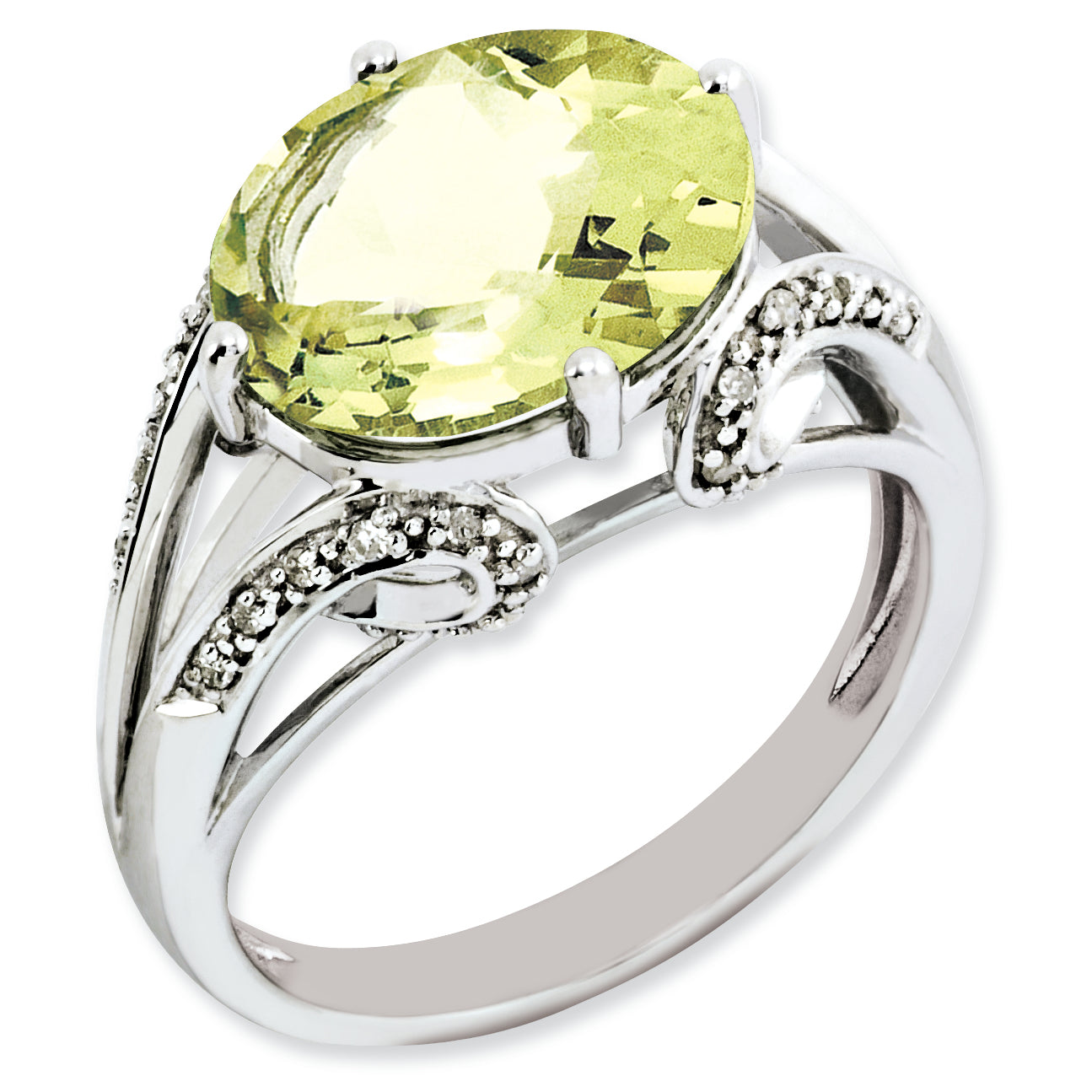 Sterling Silver Rhodium Plated Oval Diamond & Lemon Quartz Ring (Size 7 Only)
