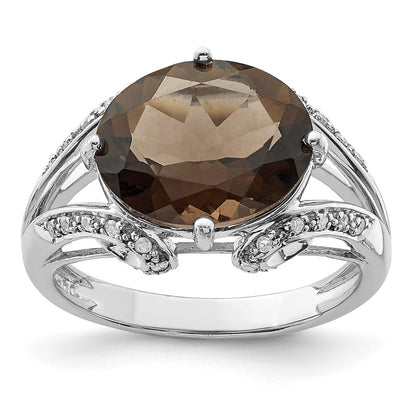 Sterling Silver Rhodium Oval Diamond & Smoky Quartz Ring (Size 7 Only)