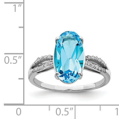 Sterling Silver Rhodium Oval Blue Topaz & Diamond Ring (Size 7 Only)