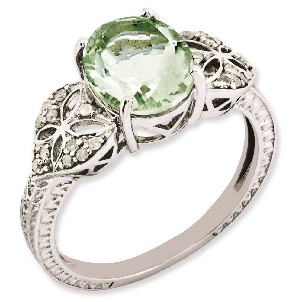 Sterling Silver Rhodium Plated Oval Diamond & Green Quartz Ring (Size 7 Only)