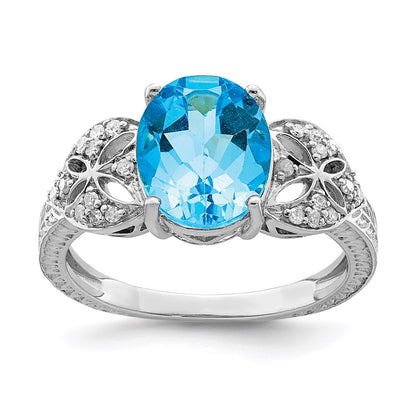Sterling Silver Rhodium Oval Blue Topaz & Diamond Ring (Size 7 Only)