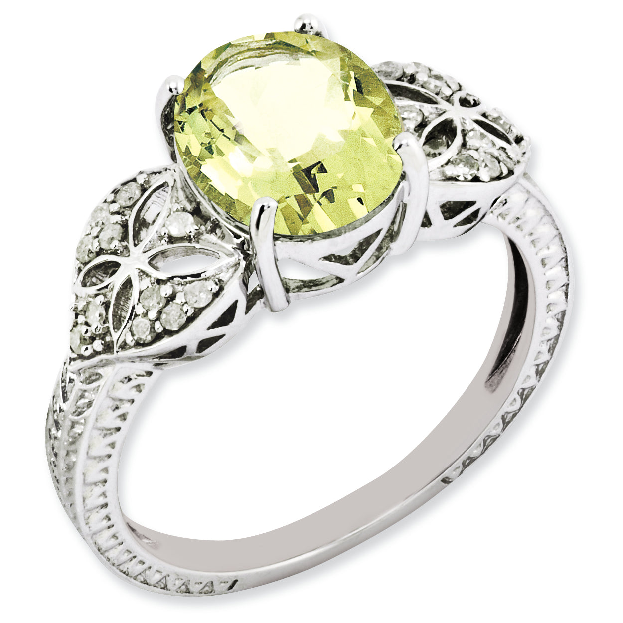 Sterling Silver Rhodium Plated Oval Diamond & Lemon Quartz Ring (Size 7 Only)