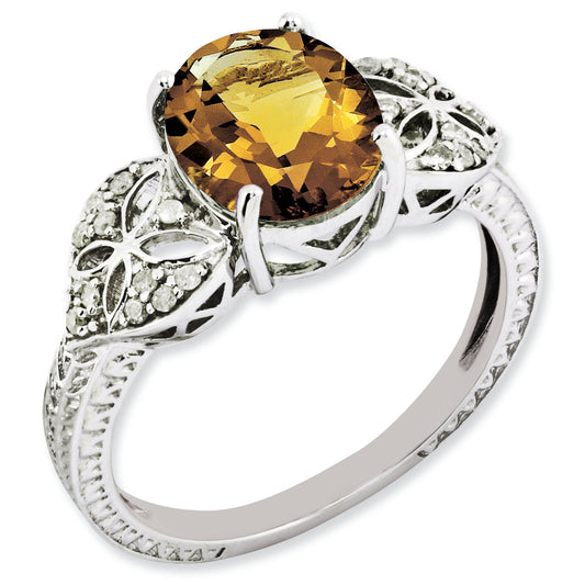 Sterling Silver Rhodium Plated Oval Diamond & Whiskey Quartz Ring (Size 7 Only)