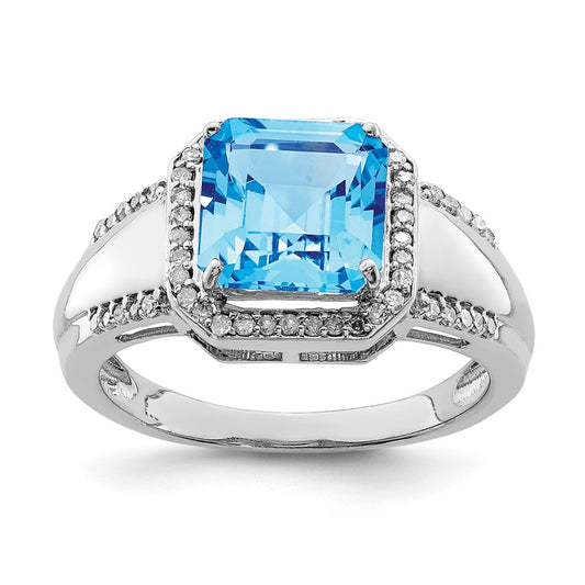 Sterling Silver Rhodium Blue Topaz & Diamond Ring (Size 6 Only)