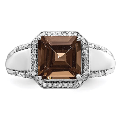 Sterling Silver Rhodium Diamond & Smoky Quartz Ring