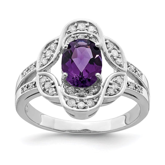 Sterling Silver Rhodium Plated Oval Amethyst & Diamond Ring (Size 7 Only)