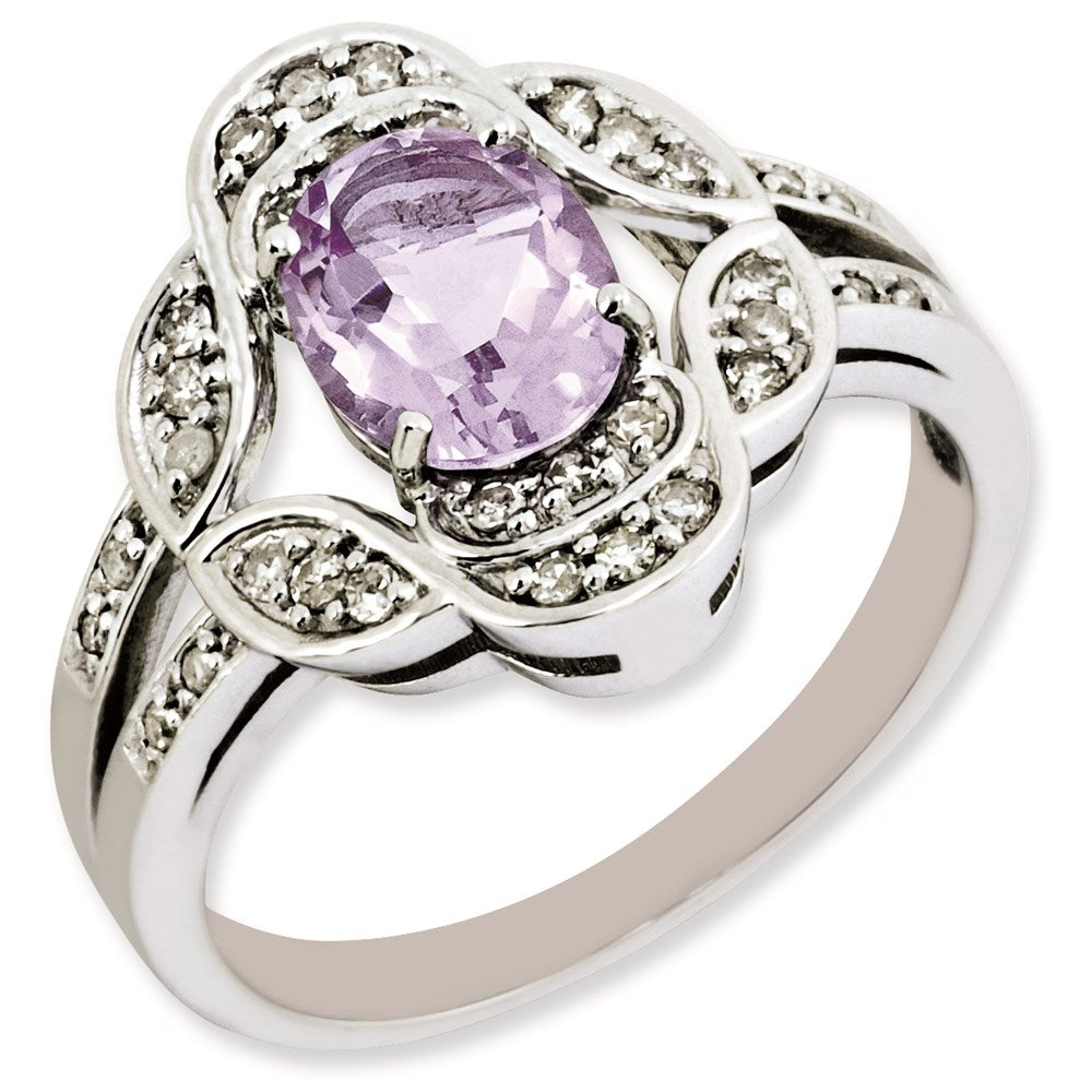 Sterling Silver Rhodium Plated Oval Diamond & Pink Quartz Ring
