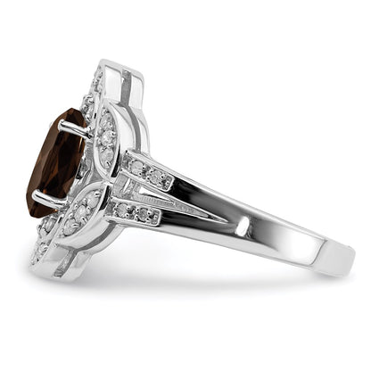 Sterling Silver Rhodium Oval Diamond & Smoky Quartz Ring (Size 7 Only)