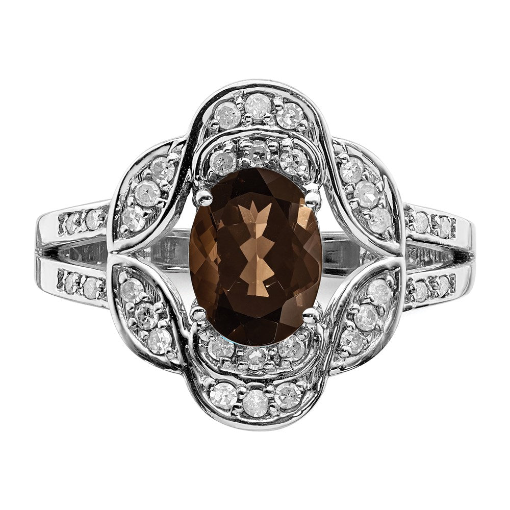 Sterling Silver Rhodium Oval Diamond & Smoky Quartz Ring (Size 7 Only)