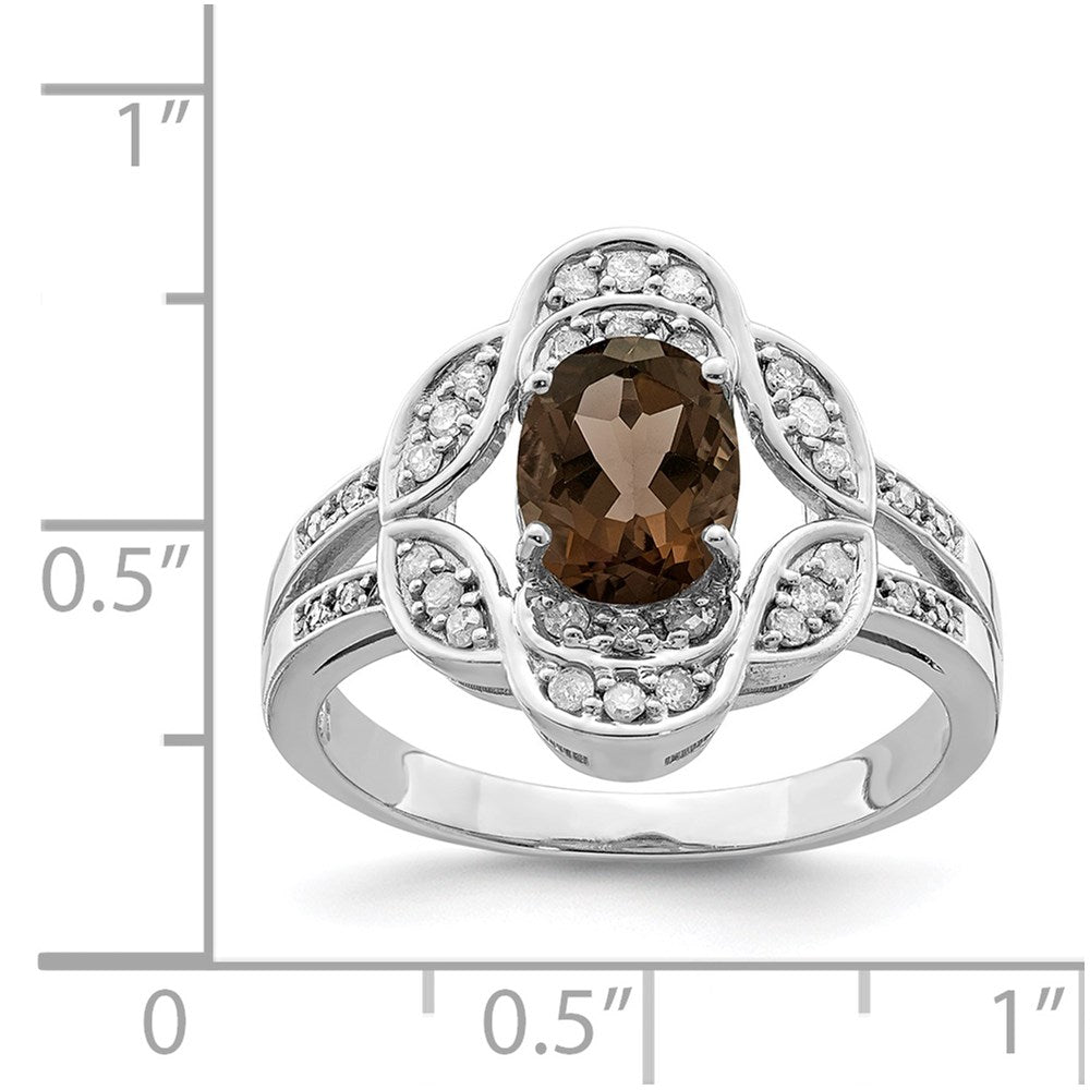 Sterling Silver Rhodium Oval Diamond & Smoky Quartz Ring (Size 7 Only)