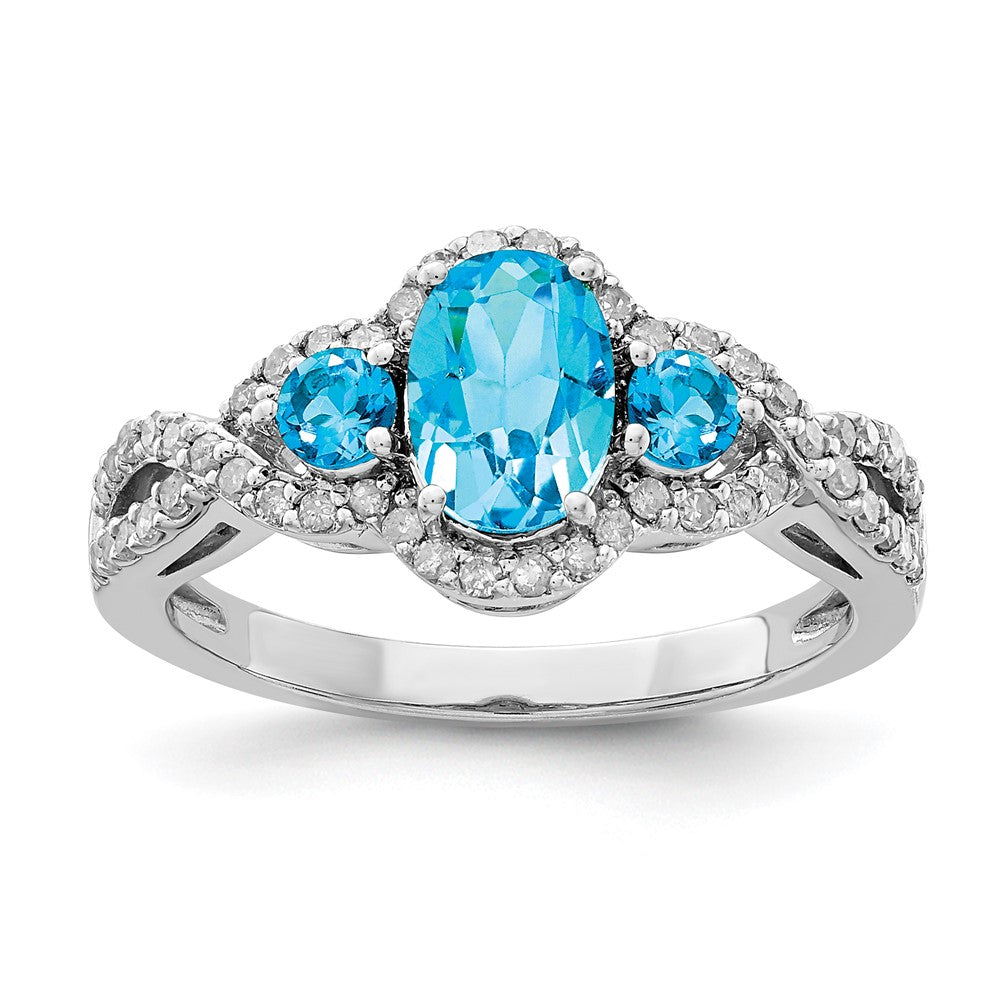 Sterling Silver Rhodium Oval Blue Topaz & Diamond Ring (Size 7 Only)