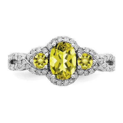 Sterling Silver Rhodium Oval Diamond & Lemon Quartz Ring (Size 7 Only)