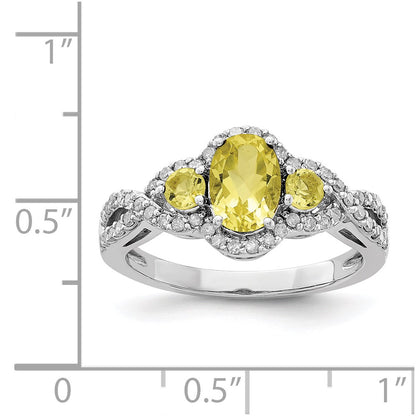 Sterling Silver Rhodium Oval Diamond & Lemon Quartz Ring (Size 7 Only)