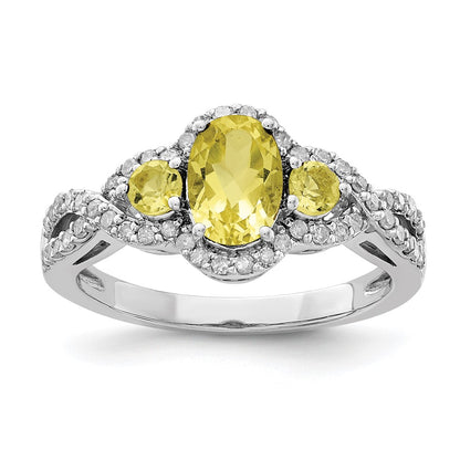 Sterling Silver Rhodium Oval Diamond & Lemon Quartz Ring (Size 7 Only)