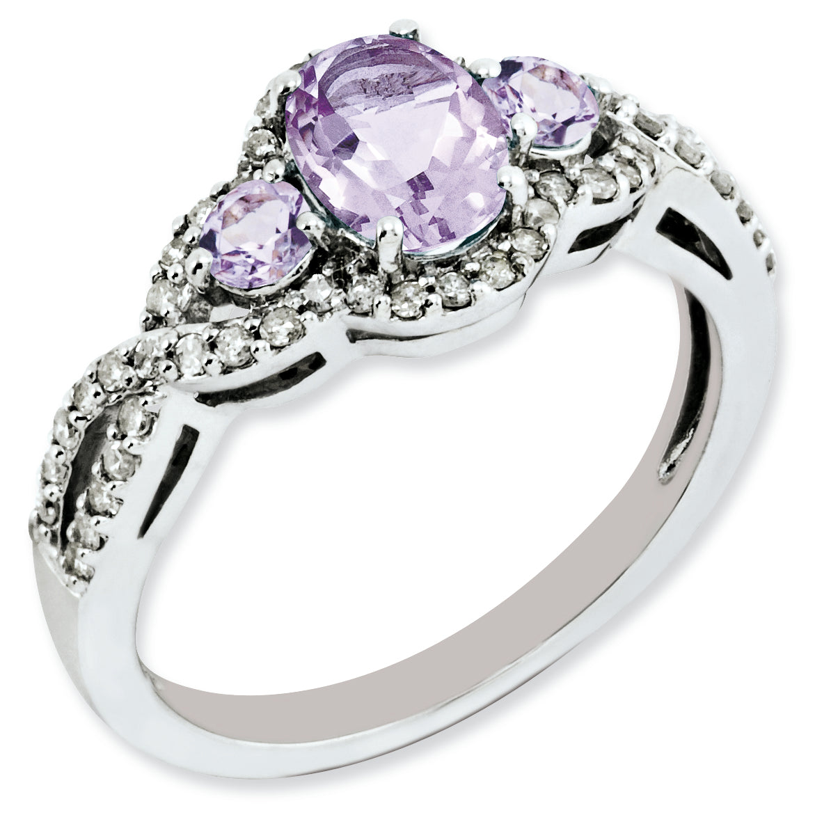 Sterling Silver Rhodium Plated Diamond & Pink Quartz Ring (Size 6 Only)