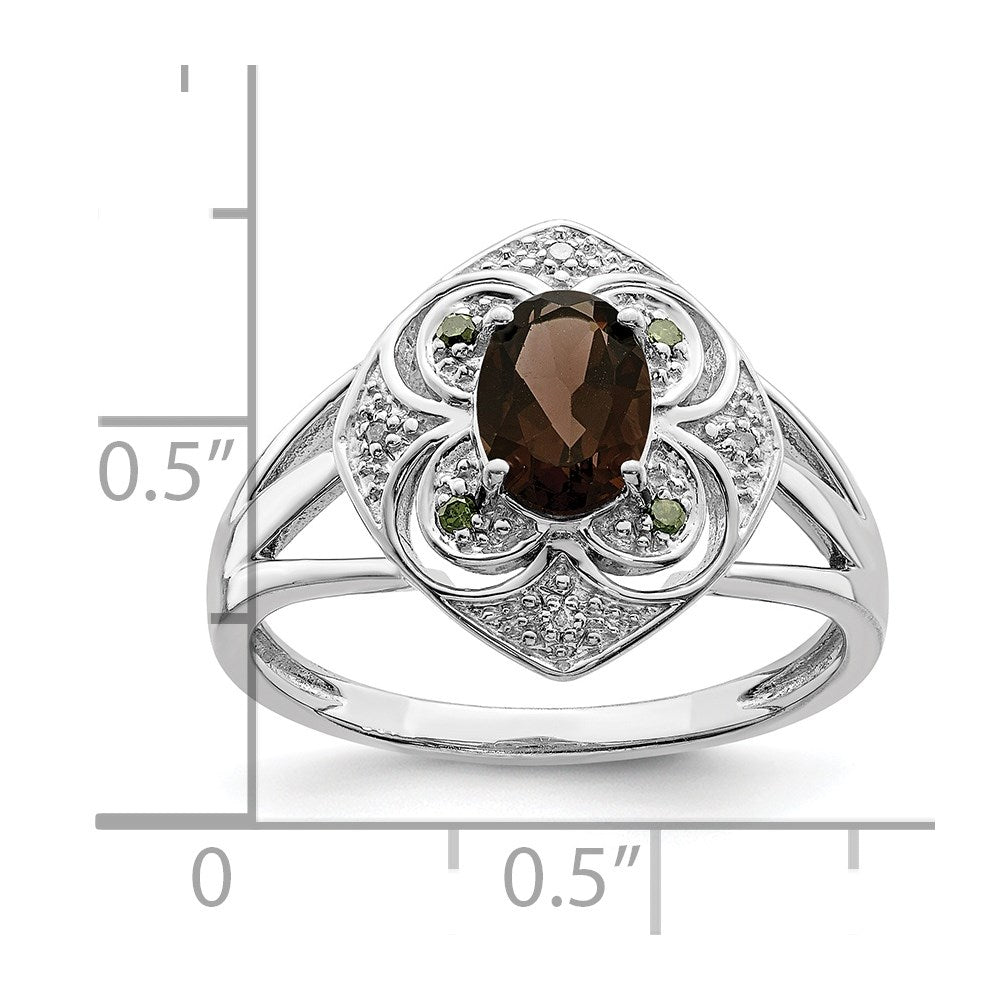 Sterling Silver Rhodium Oval Smoky Quartz & Diamond Ring (Size 7 Only)