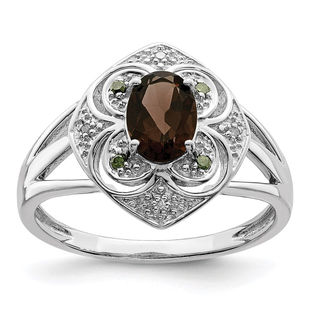 Sterling Silver Rhodium Oval Smoky Quartz & Diamond Ring (Size 7 Only)