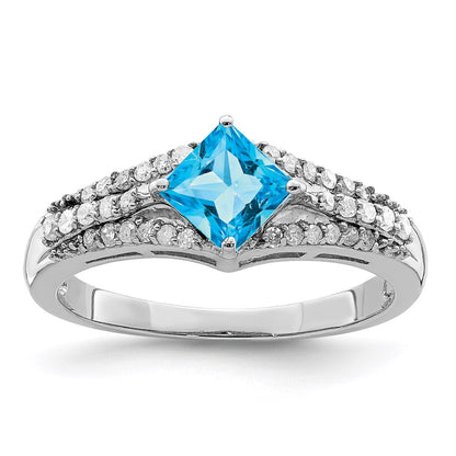 Sterling Silver Rhodium Blue Topaz & Diamond Ring (Size 7 Only)